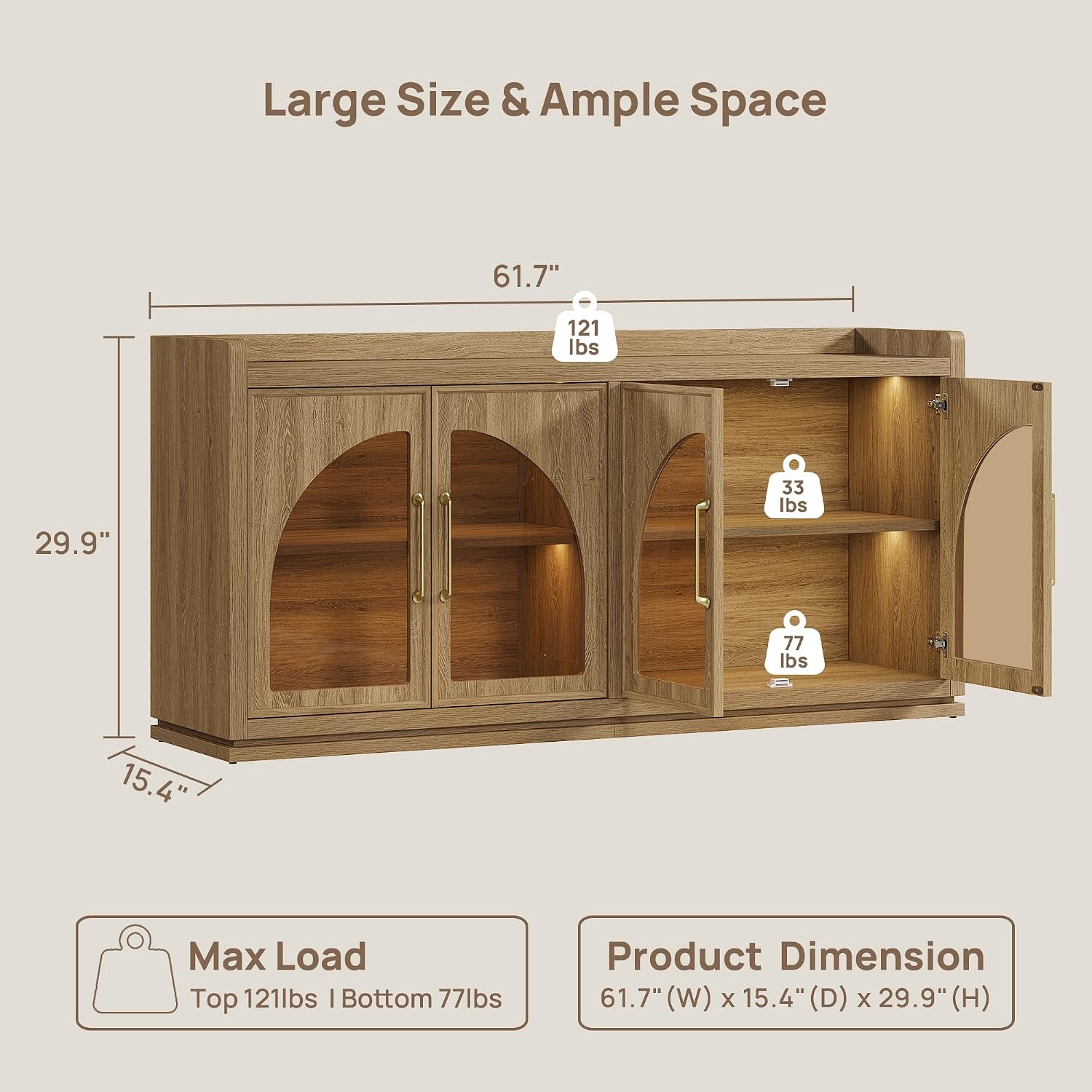 Brown Oak LED Arch Glass Door Sideboard Credenza