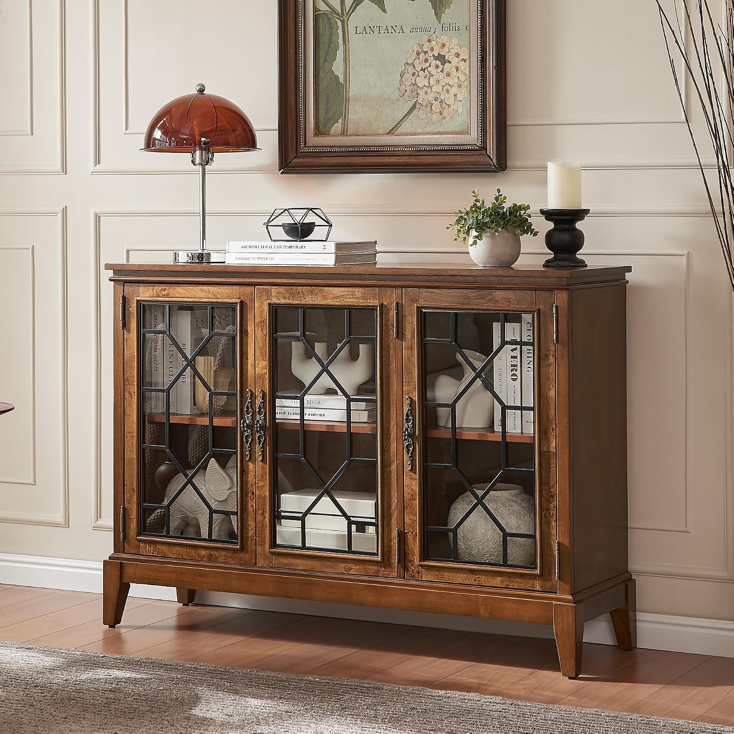Cherry Mid Century Glass Door Sideboard Cabinet