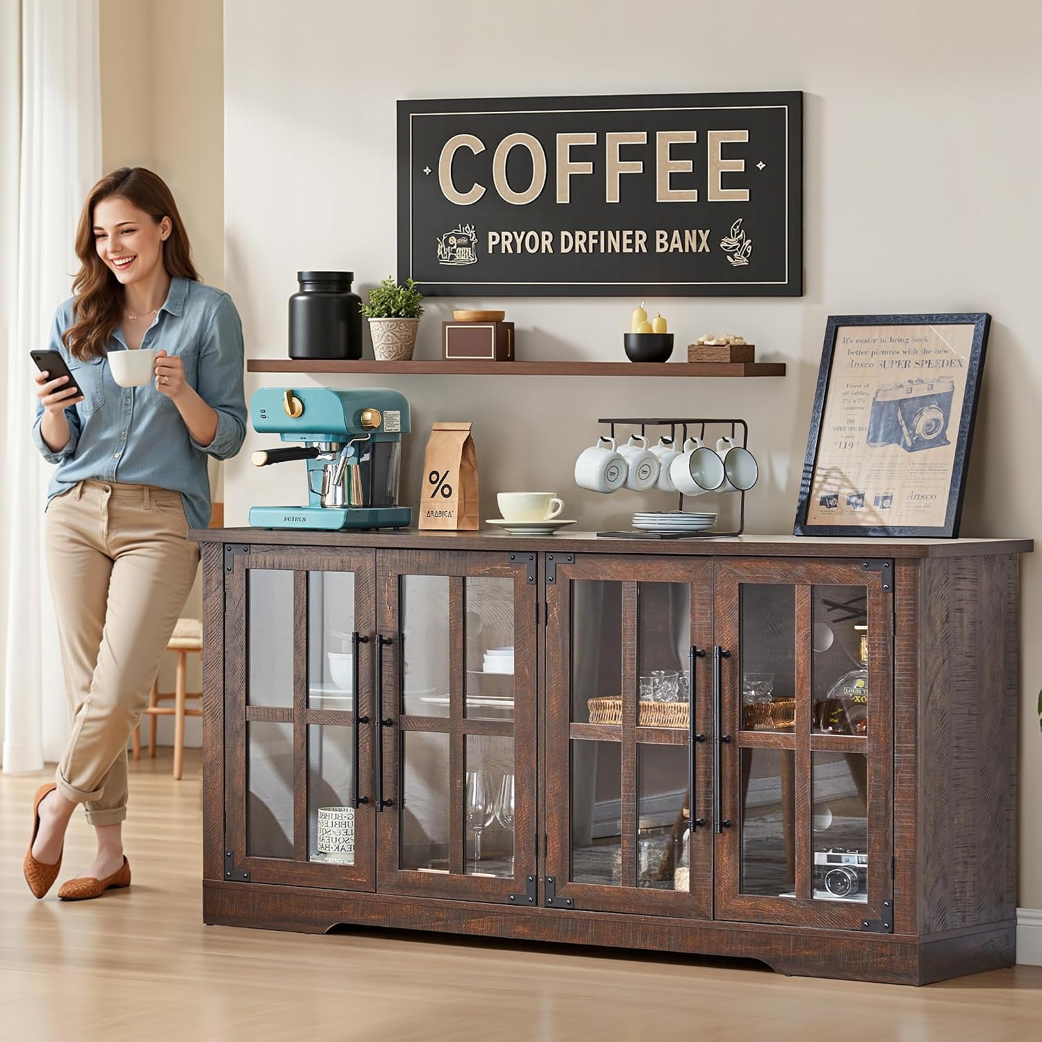 Brown Farmhouse Glass Door Buffet Sideboard Cabinet