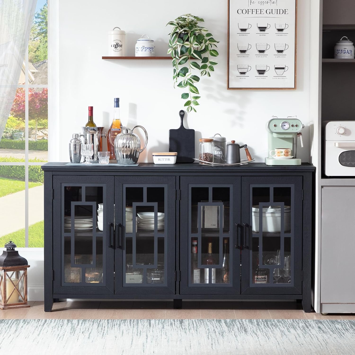 Black Farmhouse 4 Glass Door Sideboard Coffee Bar Cabinet