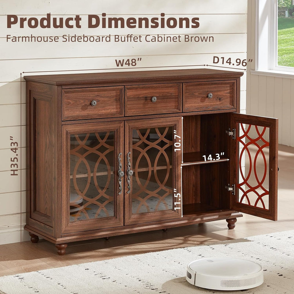 Brown Farmhouse Glass Door Drawer Sideboard Credenza