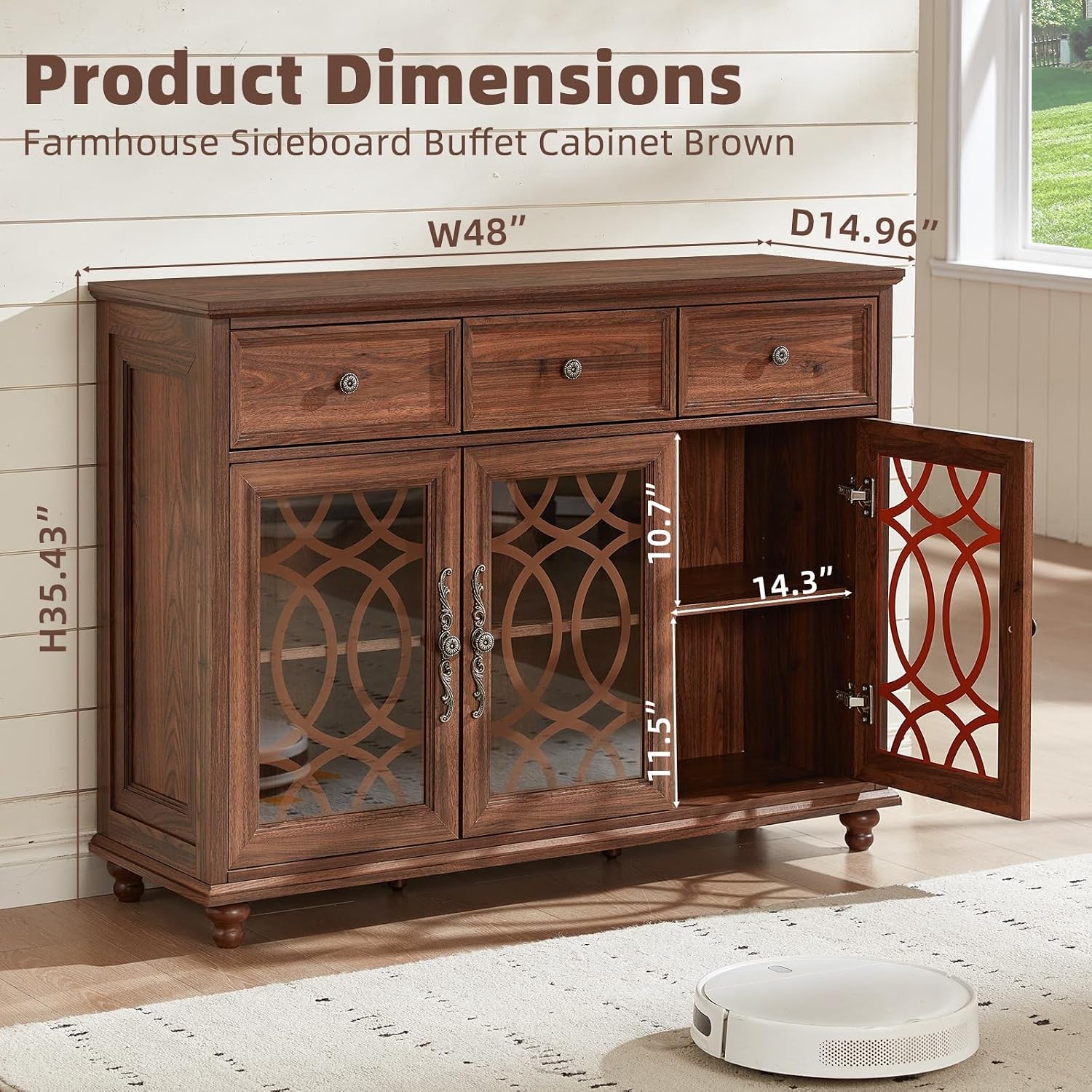 Brown Farmhouse Glass Door Drawer Sideboard Credenza
