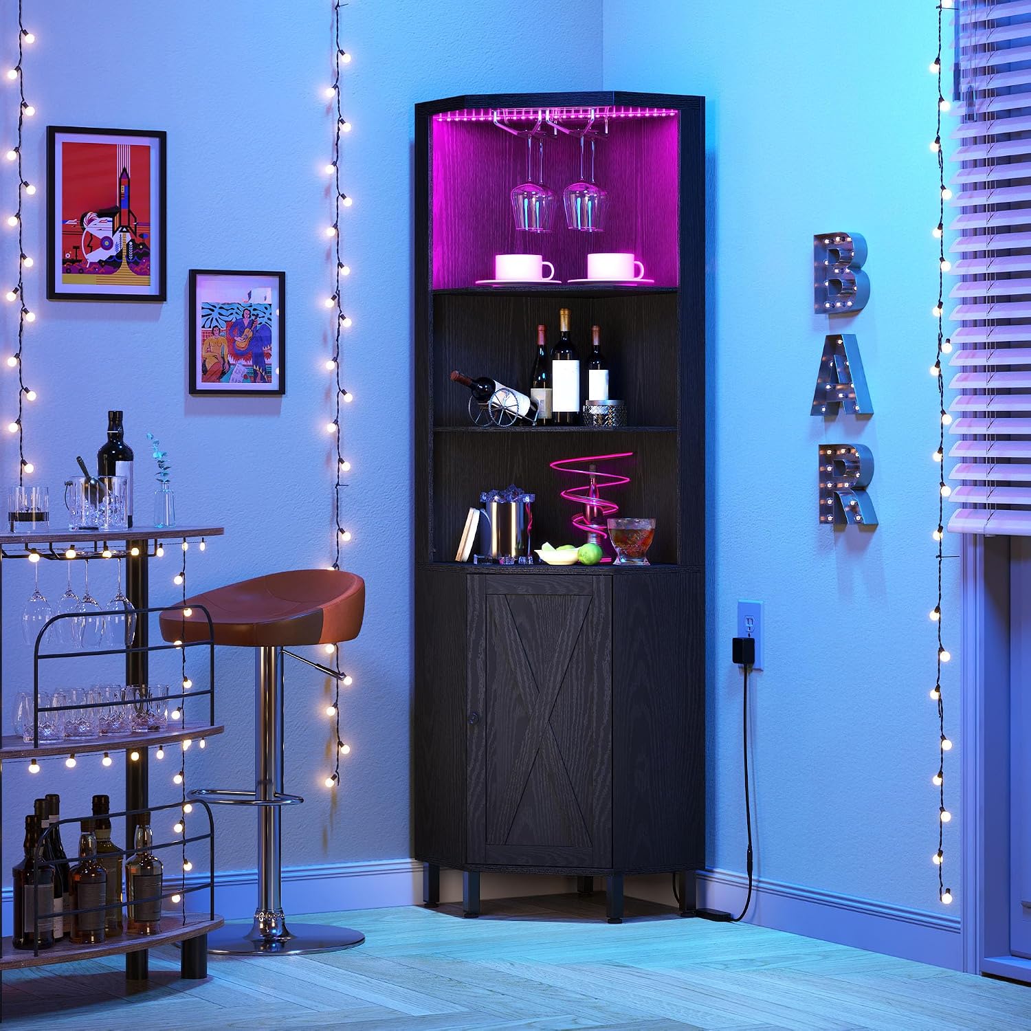 LED Glass Holder Tall Corner Wine Bar Storage Cabinet