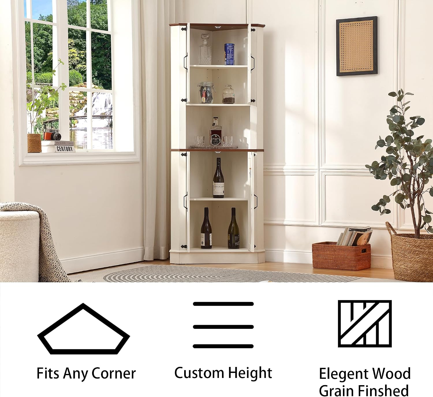 Off White Pentagon Tall Corner Liquor Storage Cabinet
