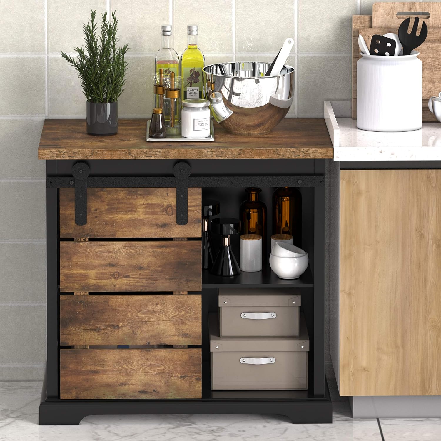 Black Sliding Barn Door Farmhouse Sideboard Cabinet