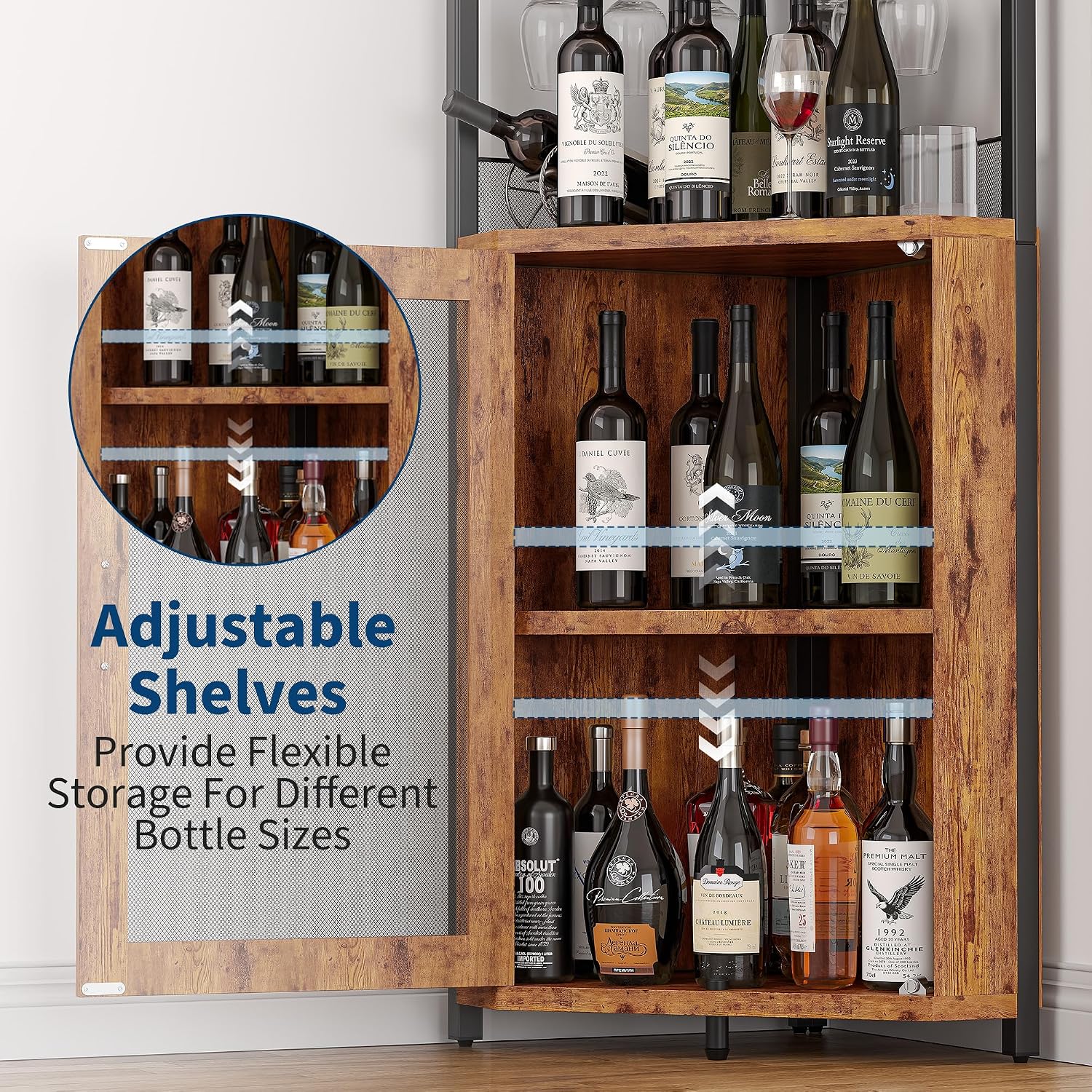 Rustic LED Mesh Corner Wine Cabinet