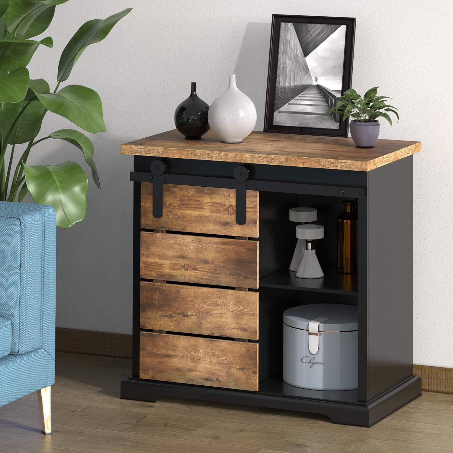 Black Sliding Barn Door Farmhouse Sideboard Cabinet
