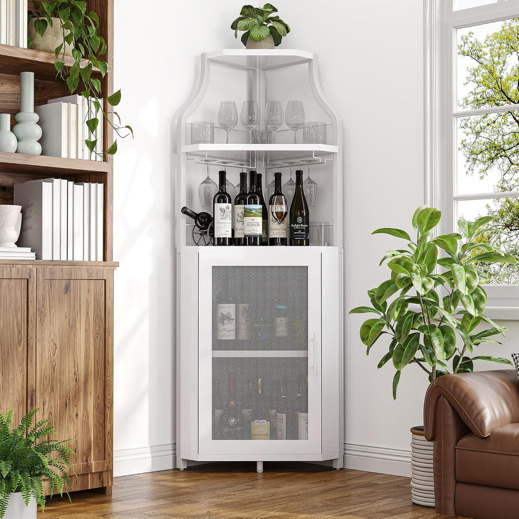 White Mesh Door Industrial Corner Wine Bar Cabinet