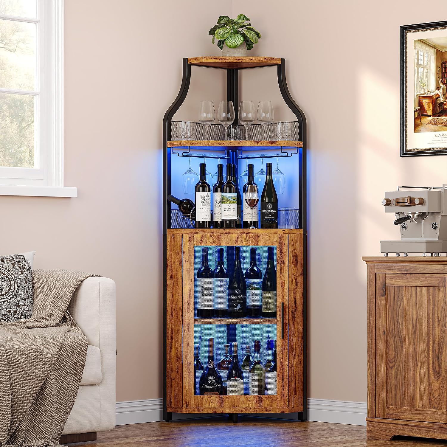 Rustic LED Mesh Corner Wine Cabinet