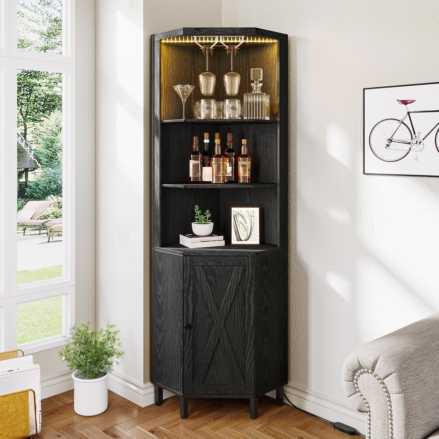 LED Glass Holder Tall Corner Wine Bar Storage Cabinet