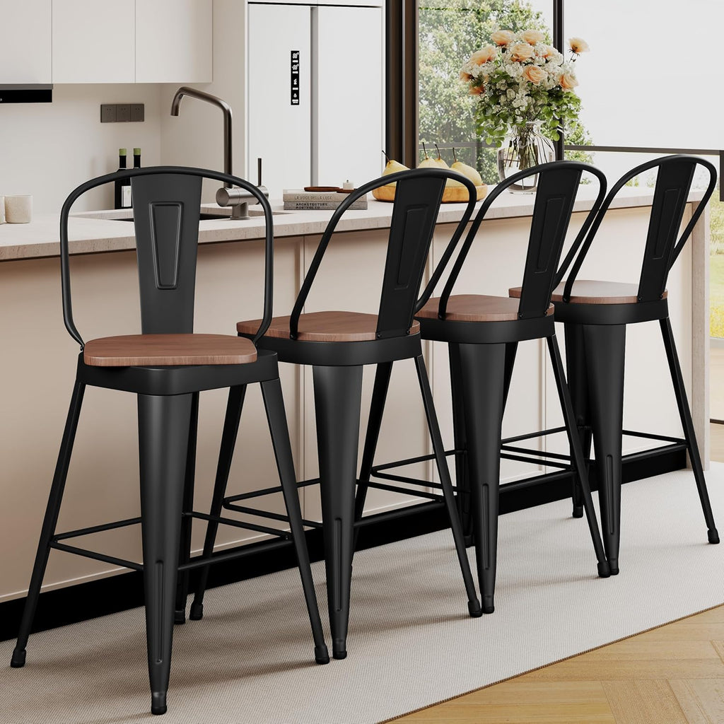 Matte Black Metal Wood Bar Stools Set
