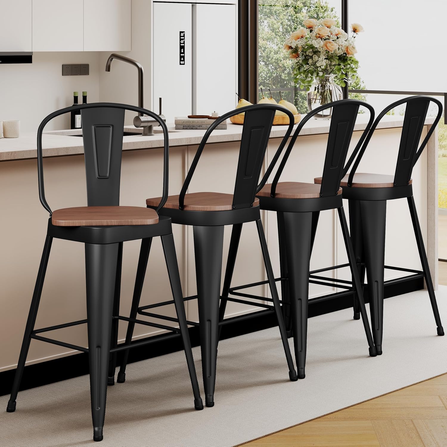 Matte Black Metal Wood Bar Stools Set